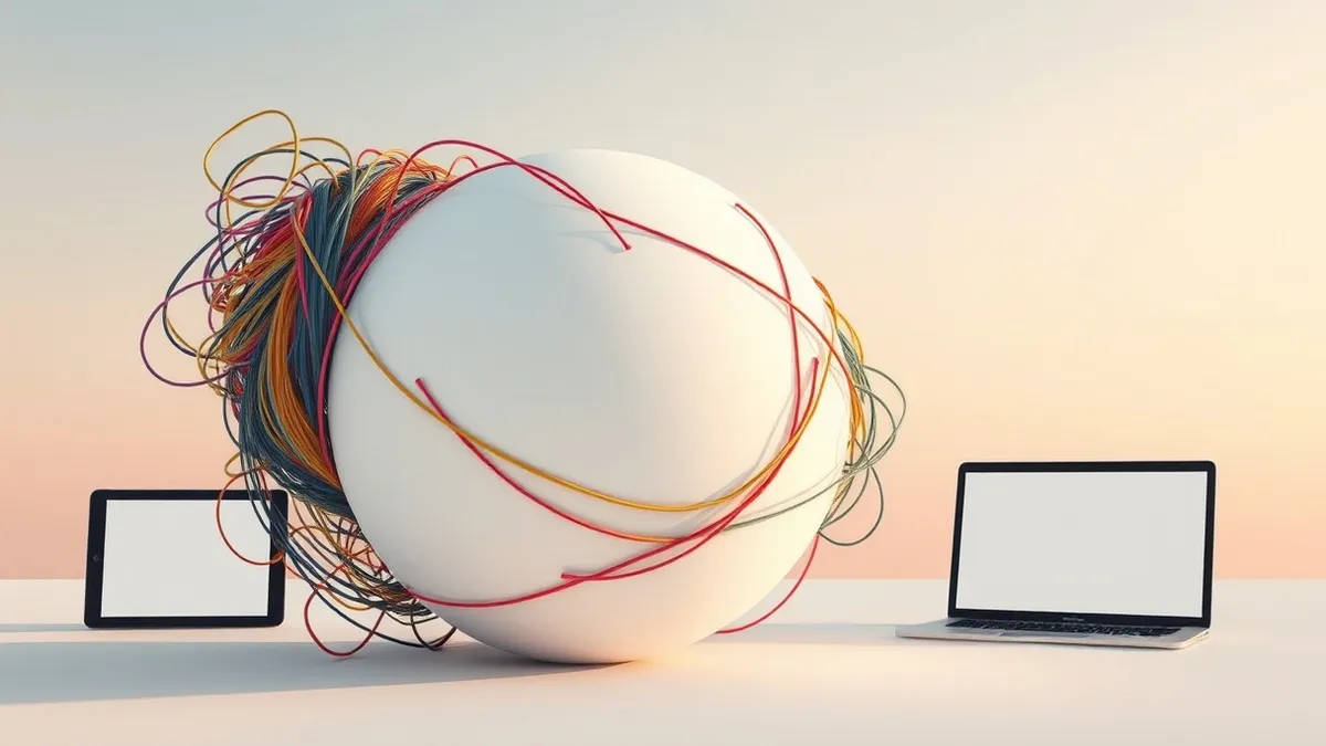 Illustration: A tangled knot of colorful threads tightens around a pristine white sphere, distorting its shape while the sphere remains intact.