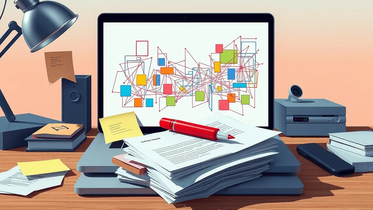 Illustration: A cluttered desk holds a laptop displaying a window filled with tangled, color-coded wireframe blocks.