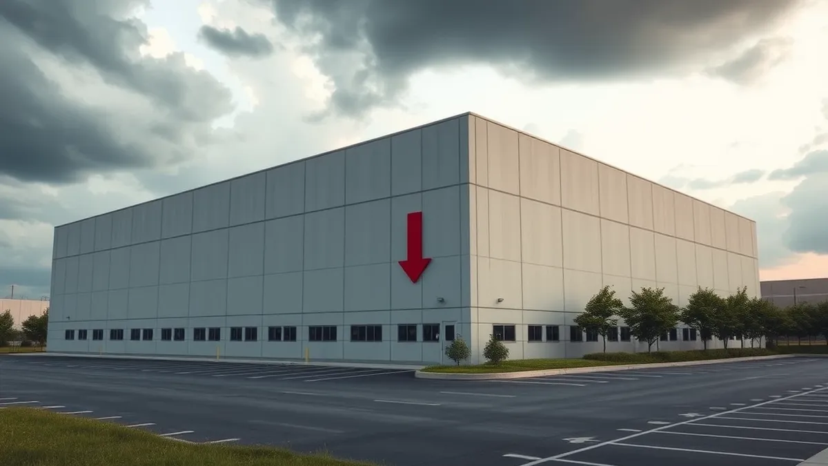 Illustration: A large industrial data center building stands empty and silent under a gray sky.