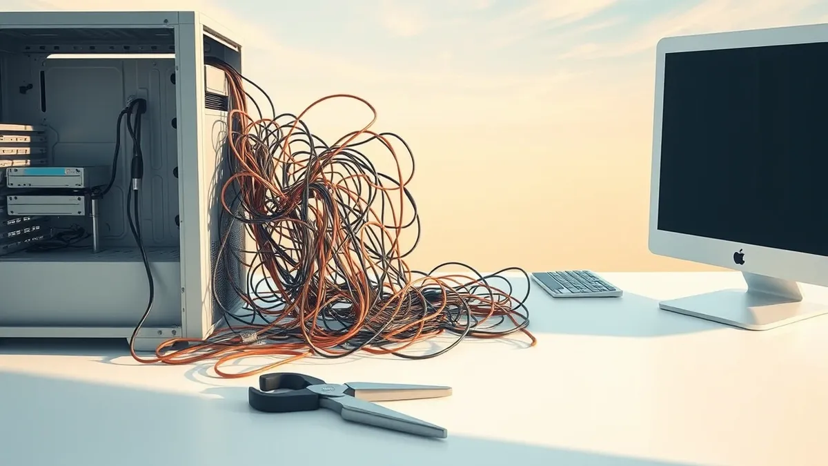 Illustration: A tangled nest of loose, mismatched wires spills from the back of an open computer tower onto a clean white desk.
