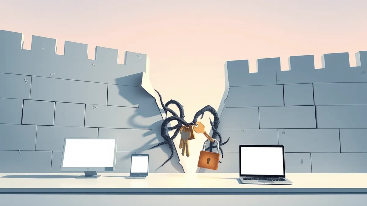 Illustration: A jagged crack splits through the smooth outer shell of a digital fortress wall.