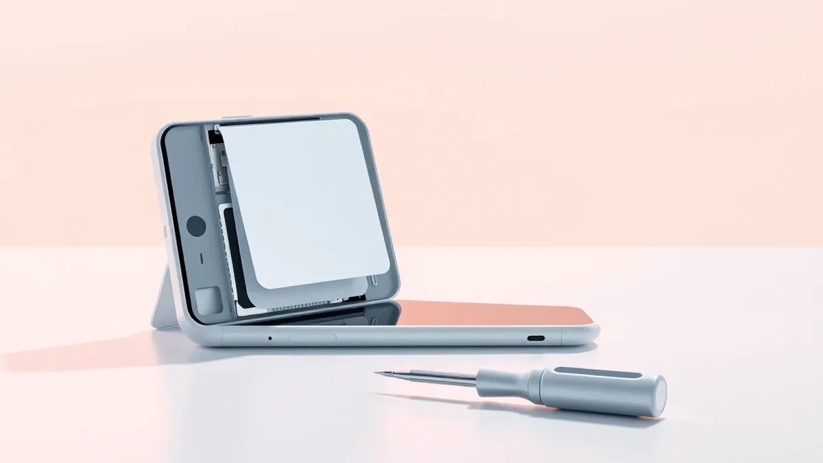 Illustration: A white foldable smartphone rests open on a clean desk surface.