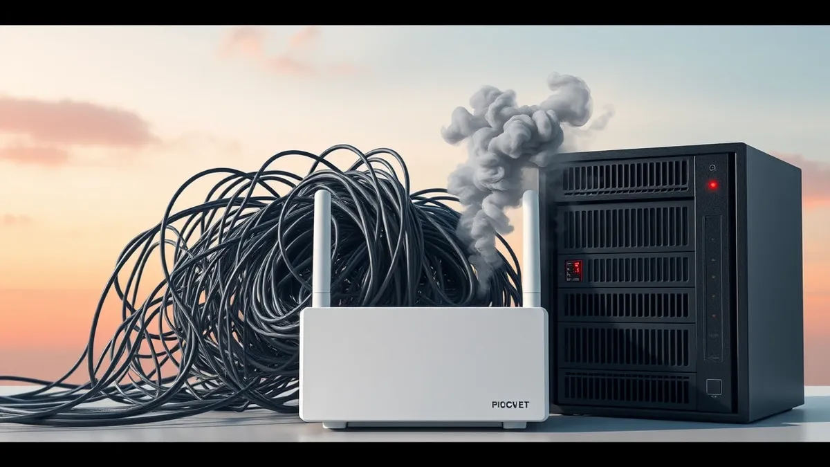 Illustration: A tangled cluster of network cables connects to the back of a white router and a black firewall device.
