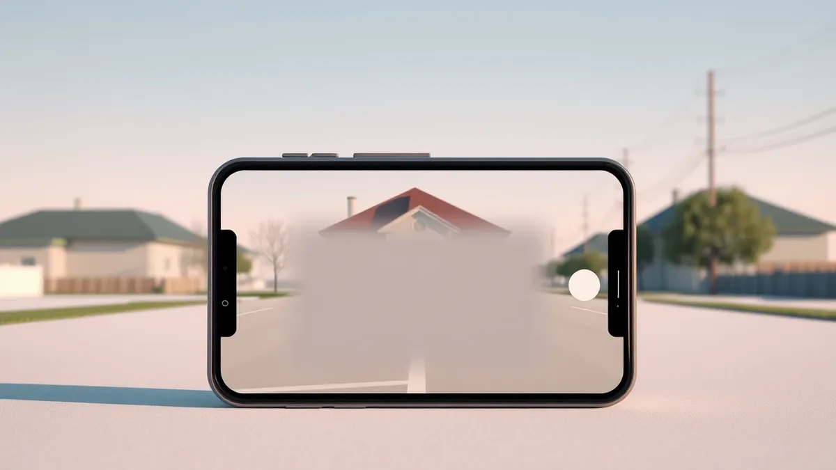 Illustration: A smartphone displays a street-level map view where a specific house is obscured by a soft, uniform blur.