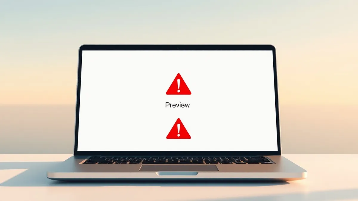 Illustration: A silver laptop sits open on a desk, its screen displaying a blank content editing interface with a prominent 'Preview' button.