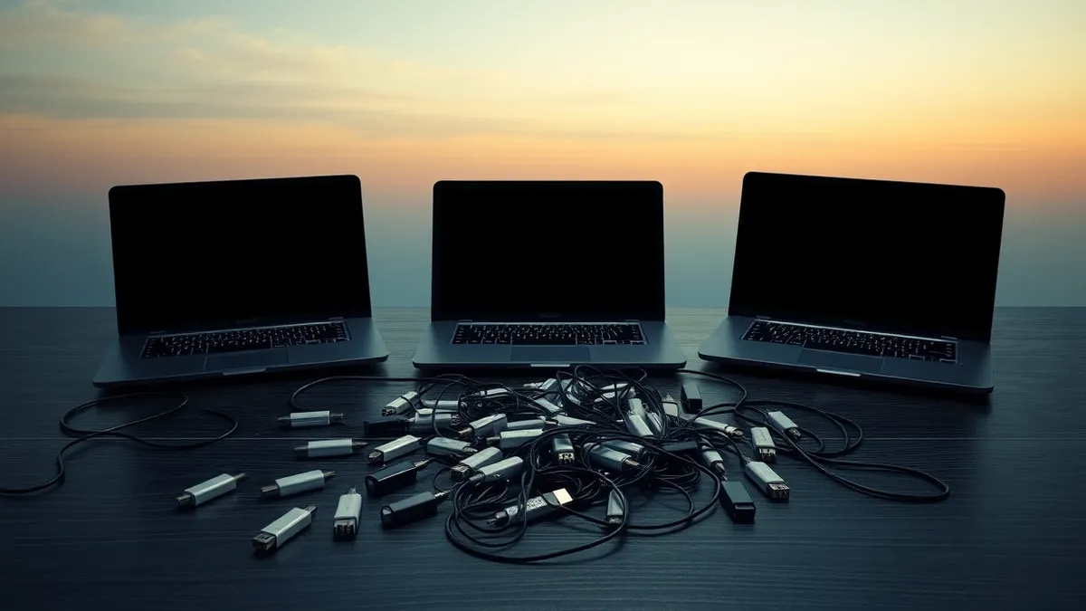 Illustration: Three sleek black laptops sit on a dark wooden desk, their blank screens reflecting dim ambient light.