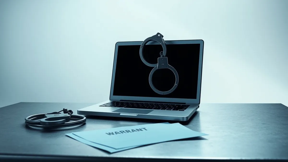 Illustration: A stark police evidence room features a single silver laptop resting on a metal table.
