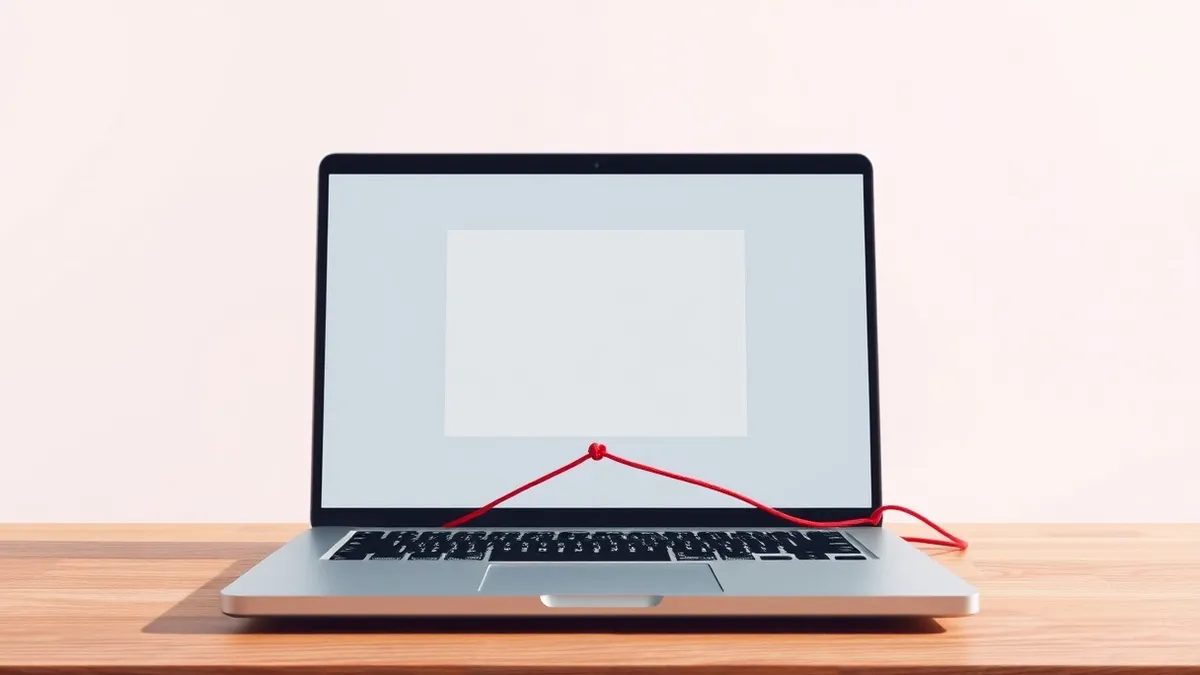 Illustration: A sleek laptop sits on a wooden desk, its screen displaying a window with a faint, jagged glitch pattern over a blank white background.