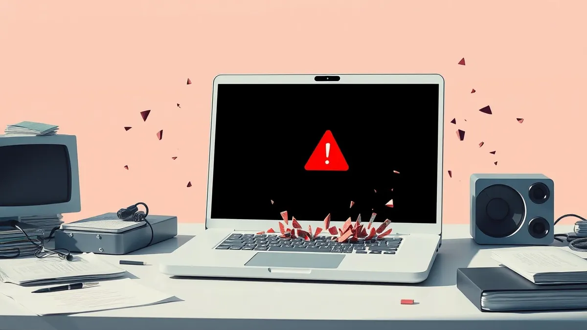 Illustration: A sleek white laptop sits on a cluttered desk, its screen displaying a single, stark red warning triangle surrounded by fragmented, jagged shards of code that appear 