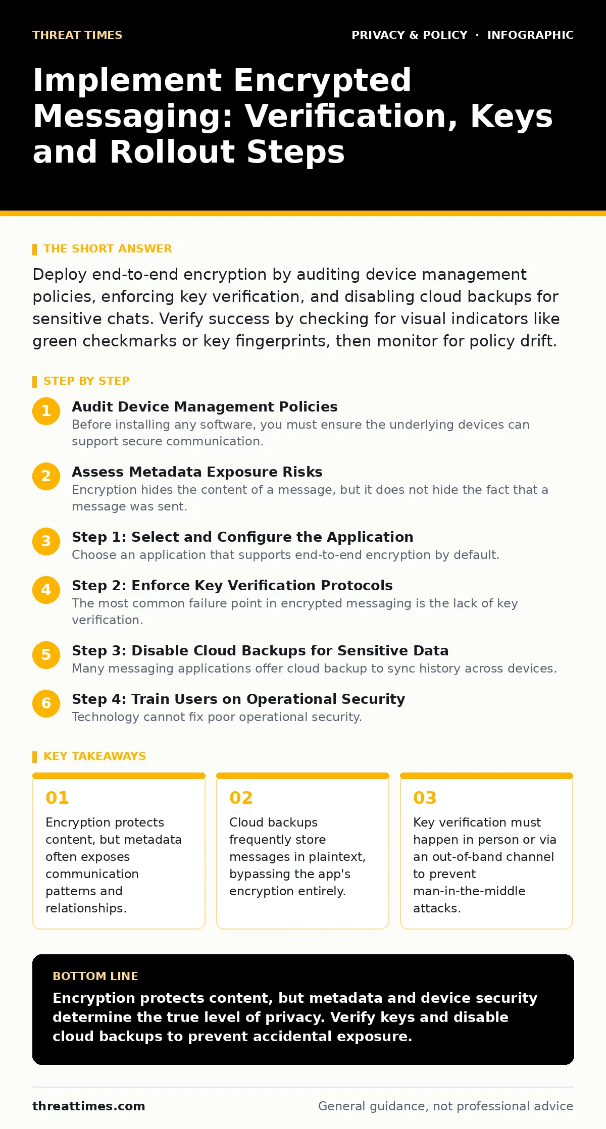 Infographic: Implement Encrypted Messaging: Verification, Keys and Rollout Steps. Encryption protects content, but metadata often exposes communication patterns and relationships. Cloud backups frequently store messages in plaintext, bypassing the app's encryption entirely. Key verification must hap