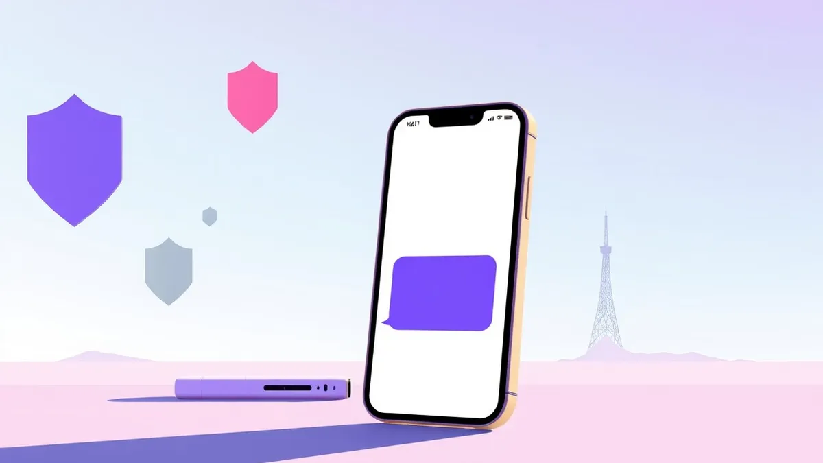 Illustration: A smartphone displays a blank messaging interface with large, colorful abstract shields floating around it.