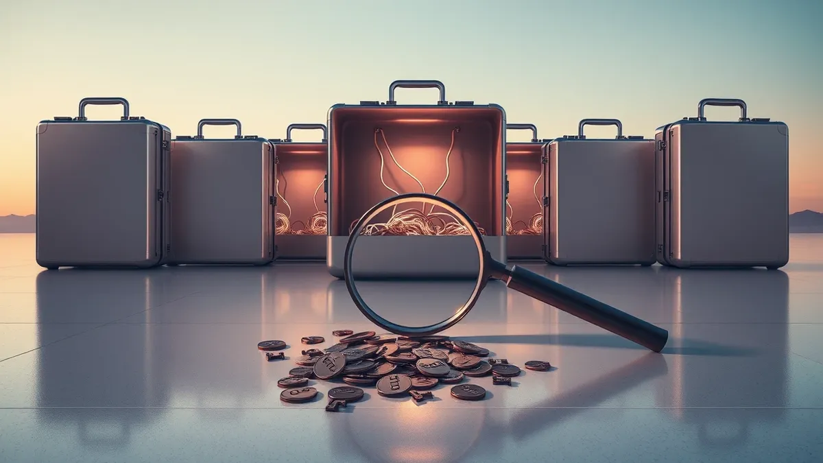 Illustration: Ten sleek silver briefcases sit in a row on a polished floor, their latches popping open to reveal tangled glowing wires and loose key-shaped metal tokens spilling on