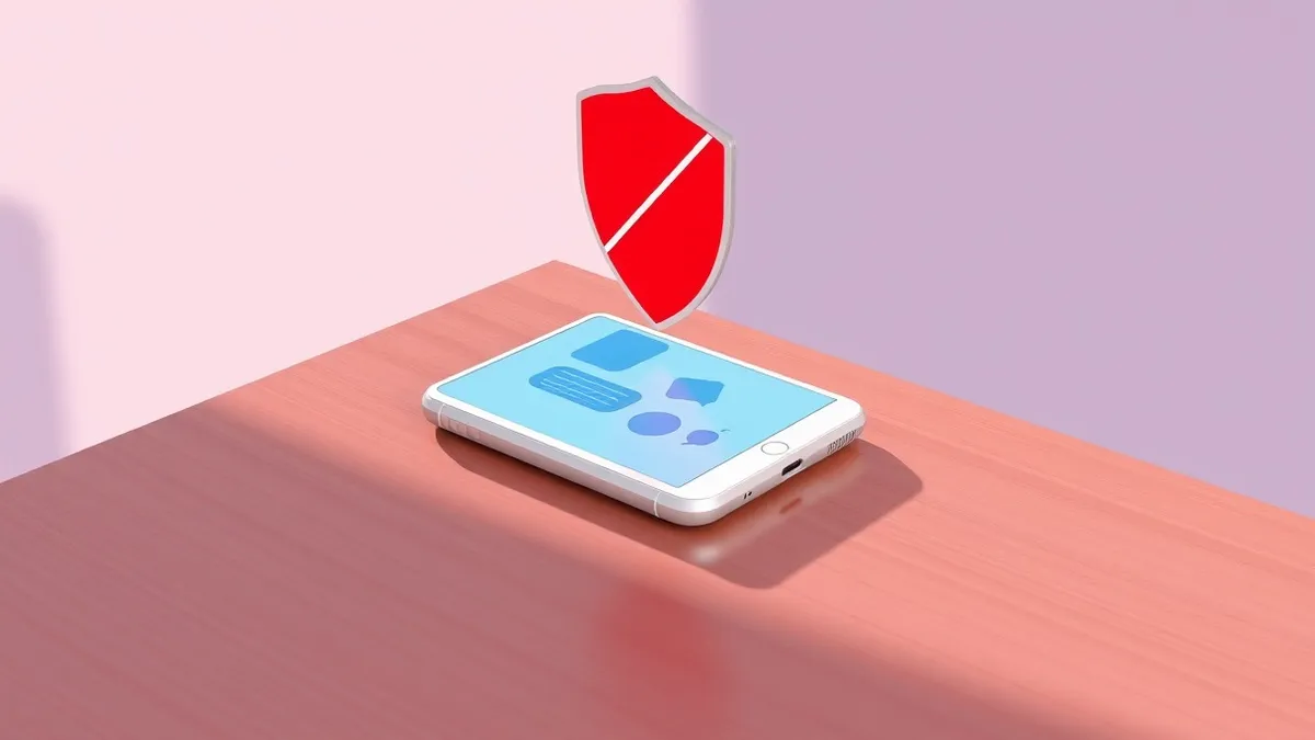 Illustration: A sleek white smartphone rests on a wooden table, its screen glowing with abstract blue chat bubbles.