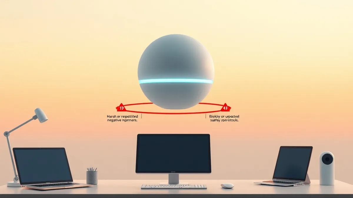 Illustration: A sleek white AI assistant orb floats above a modern desk, its soft blue light dimming slightly as three red warning symbols hover around it, indicating restricted in
