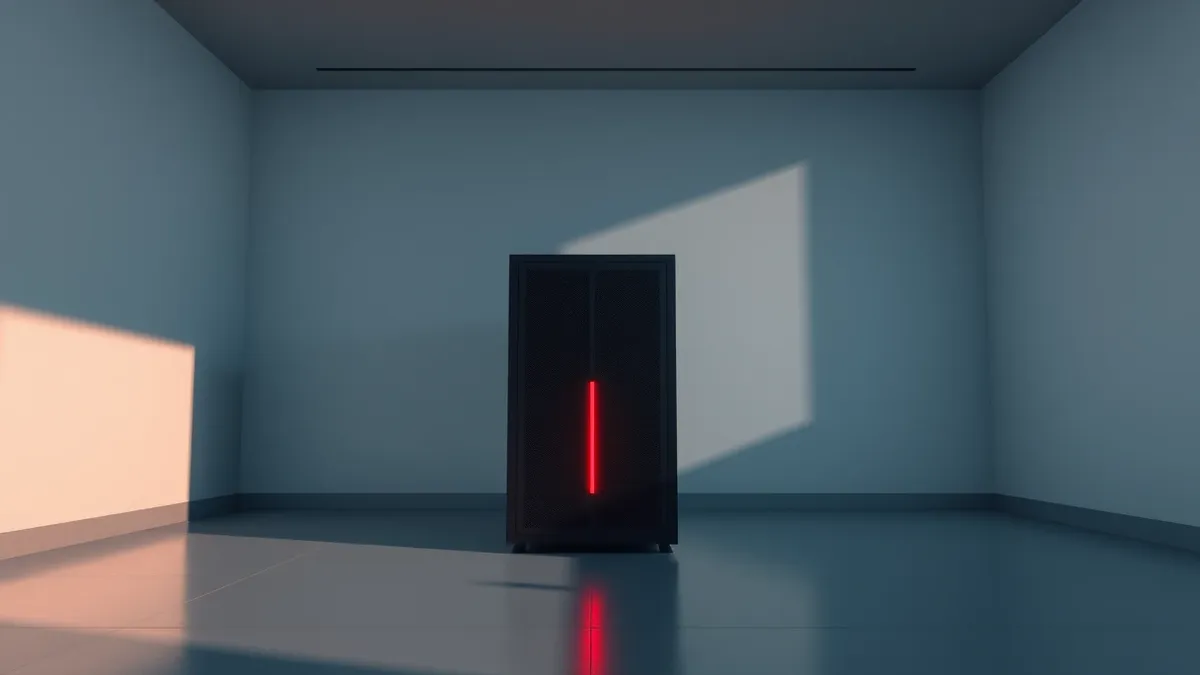 Illustration: A sleek black rack-mounted server sits in a dimly lit room.