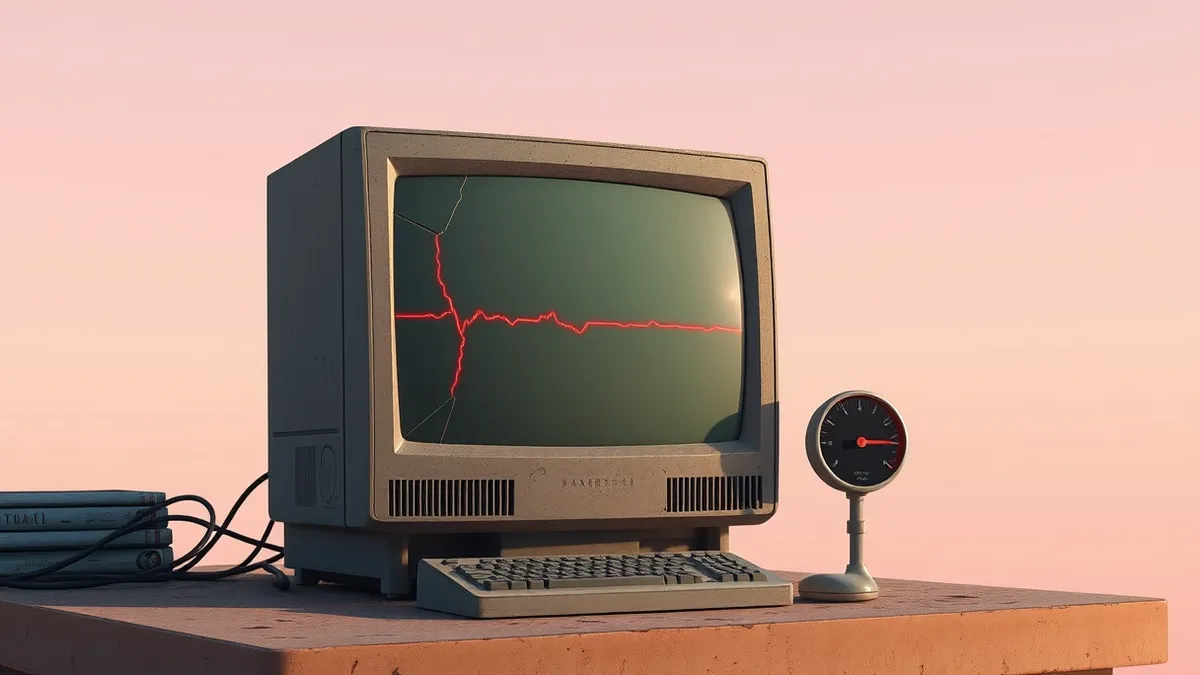 Illustration: A cracked, vintage computer monitor sits on a dusty desk, its screen displaying only a single, jagged red line.