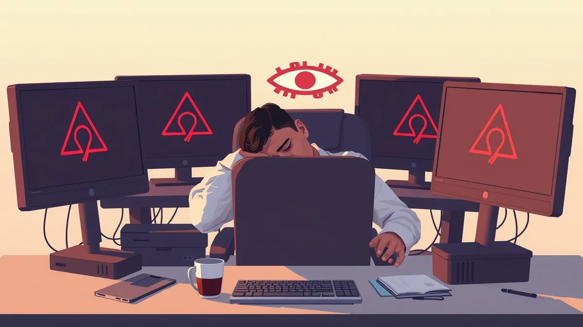 Illustration: A weary security professional sits slumped over a cluttered desk, surrounded by blank monitors displaying only abstract red warning shapes.