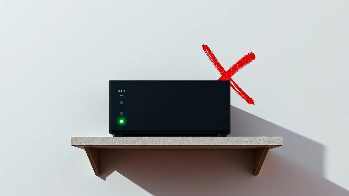 Illustration: A matte black network firewall sits on a dusty shelf, its single green status LED blinking steadily.
