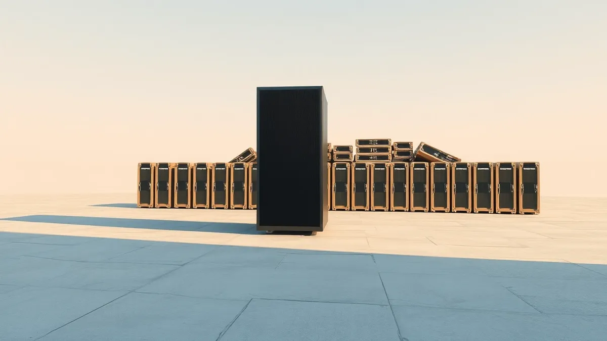 Illustration: A single sleek black tower server stands alone on a clean concrete floor, casting a long shadow.
