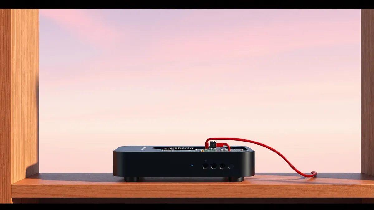 Illustration: A small black streaming media box rests on a wooden shelf with its side panel removed, exposing the circuit board inside.