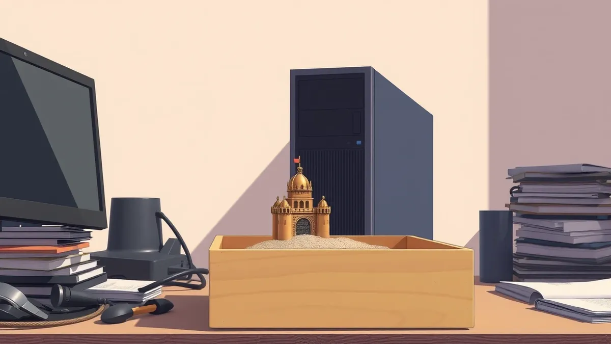 Illustration: A small wooden sandbox sits on a cluttered desk next to a generic desktop computer tower.