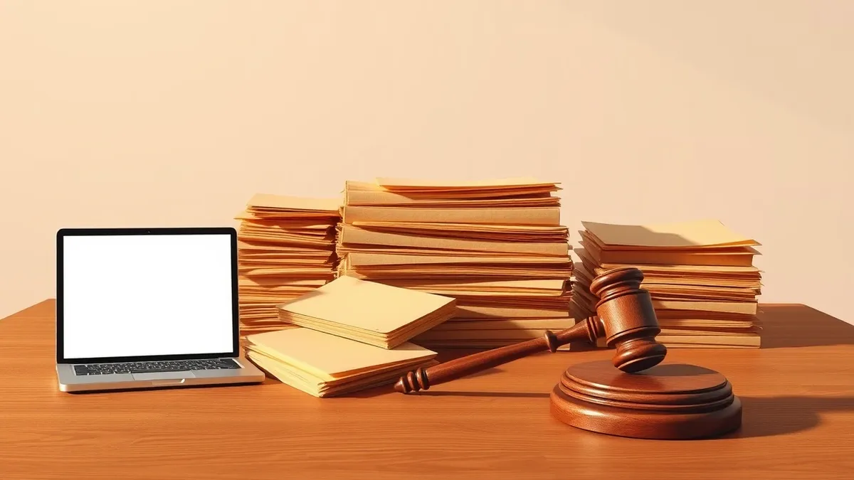 Illustration: A thick stack of sealed manila folders lies scattered on a wooden courtroom table.
