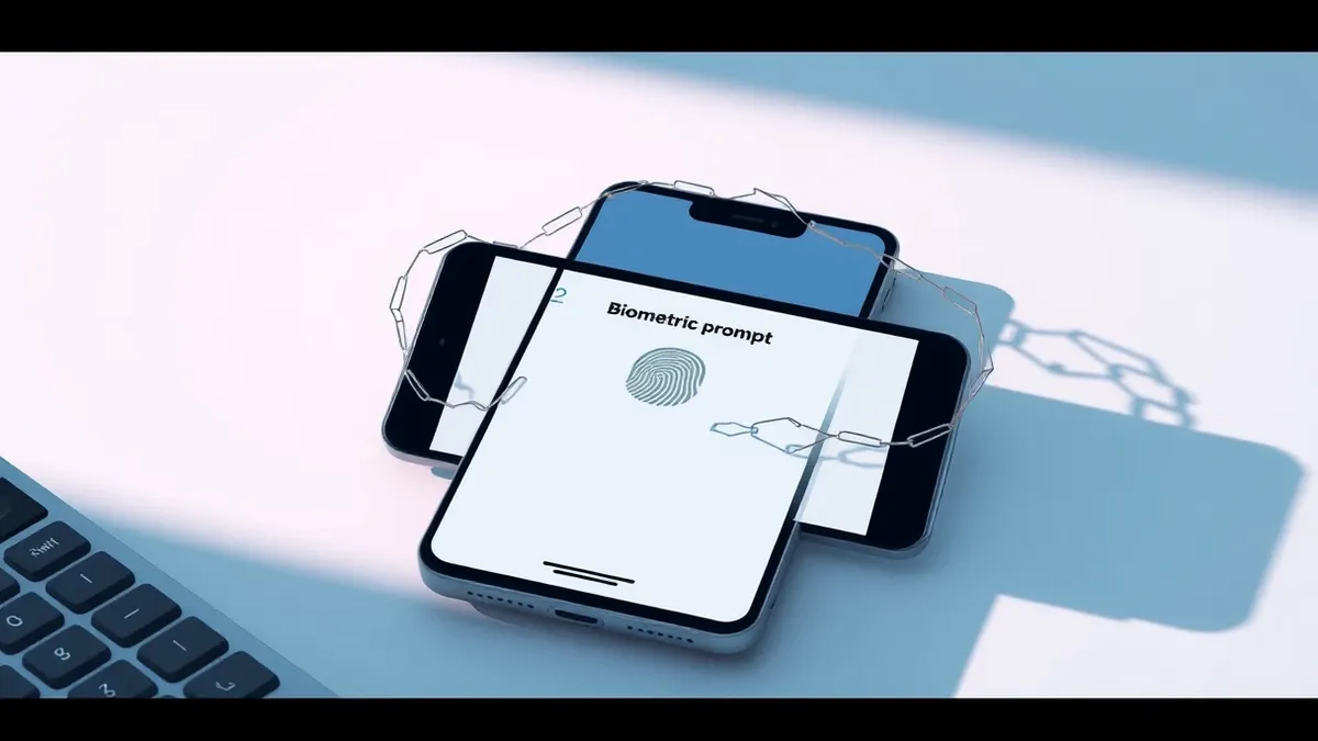 Illustration: A modern smartphone rests on a clean desk, its screen displaying a simplified biometric prompt interface.