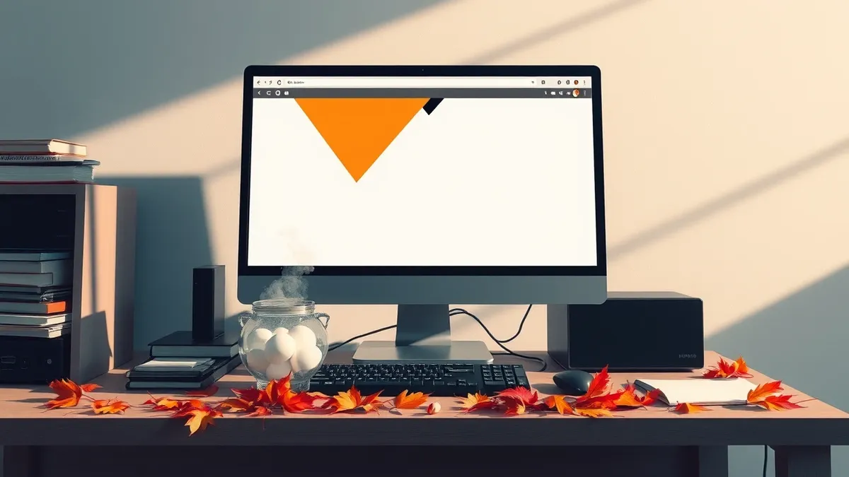 Illustration: A desktop computer sits on a cluttered wooden desk, its monitor displaying a blank browser window with abstract orange and black geometric shapes.