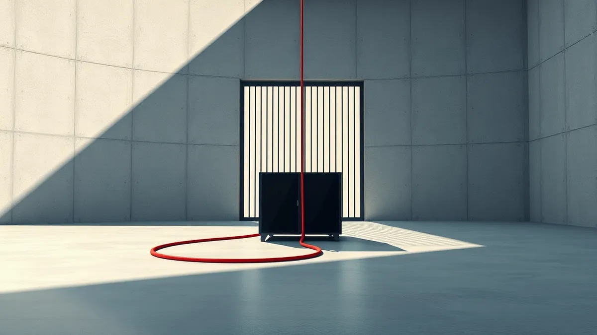 Illustration: A sleek black server unit sits isolated in a vast, empty room with high concrete walls.