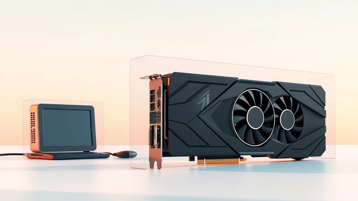 Illustration: A sleek black graphics card rests on a clean white surface.