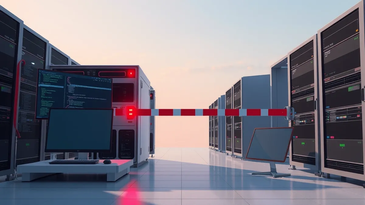 Illustration: An automated security scanner sits between a software build station and a production server.
