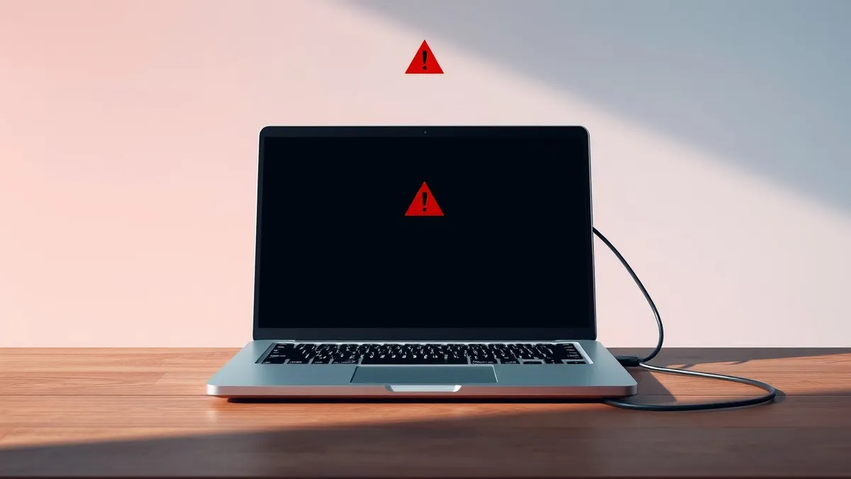 Illustration: A sleek silver laptop sits on a wooden desk with its lid open, displaying a blank dark terminal window.
