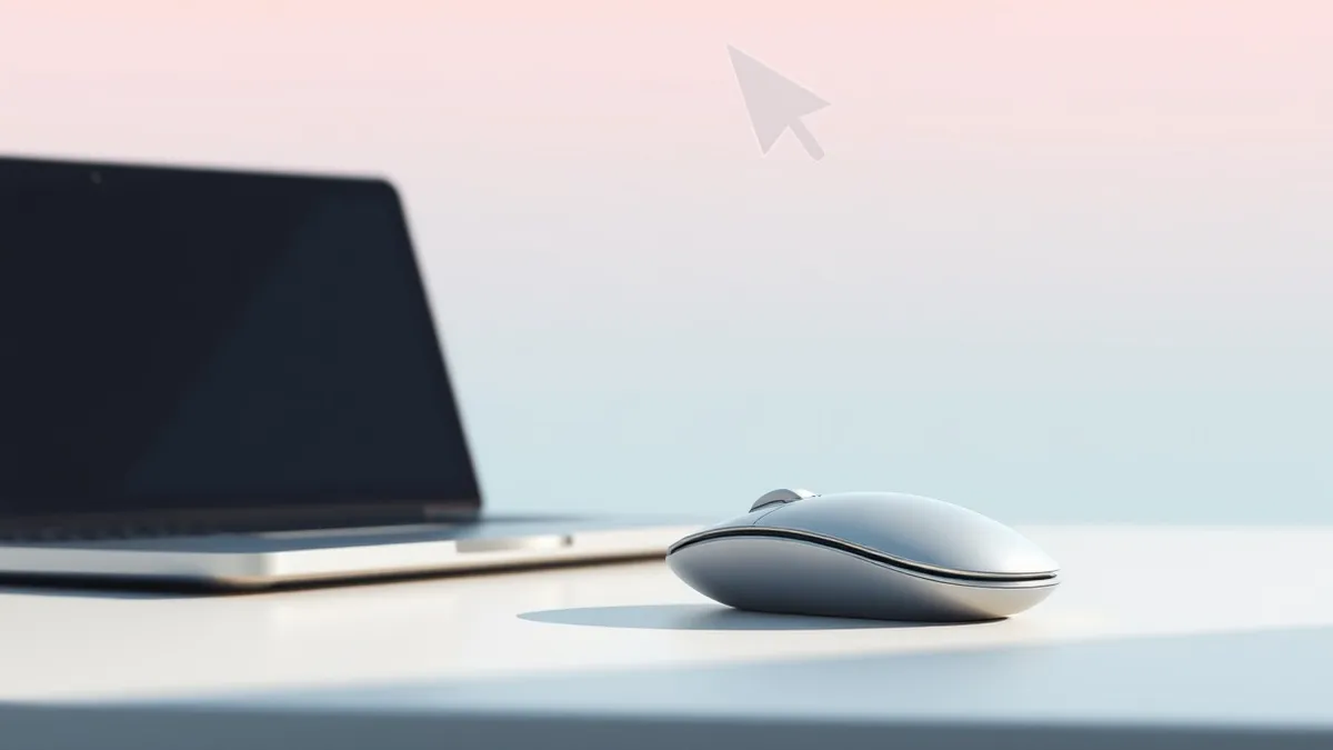 Illustration: A sleek silver mouse rests on a desk next to a closed laptop.