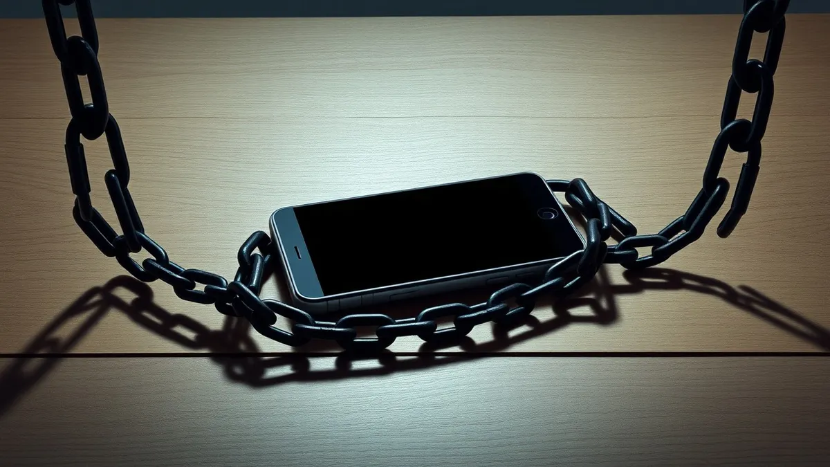 Illustration: A single smartphone rests on a wooden desk, its screen completely dark.