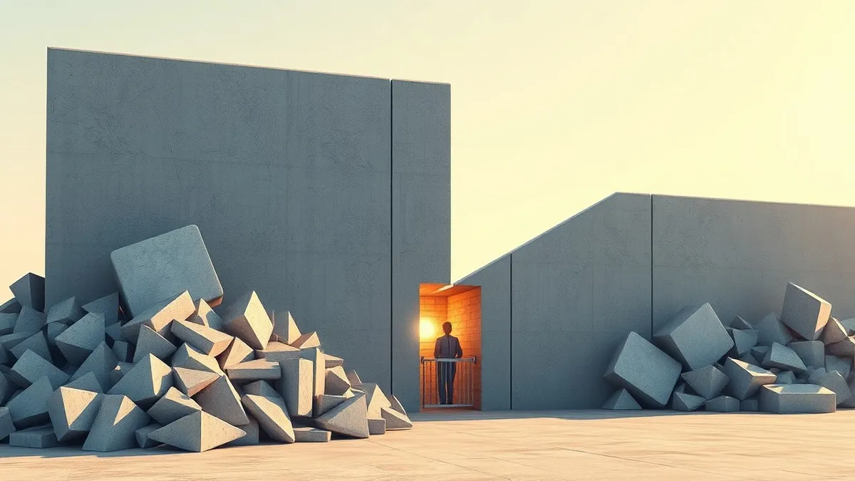 Illustration: A thick concrete wall with a narrow slot sits between two piles of abstract geometric shapes, blocking direct access to a glowing core.