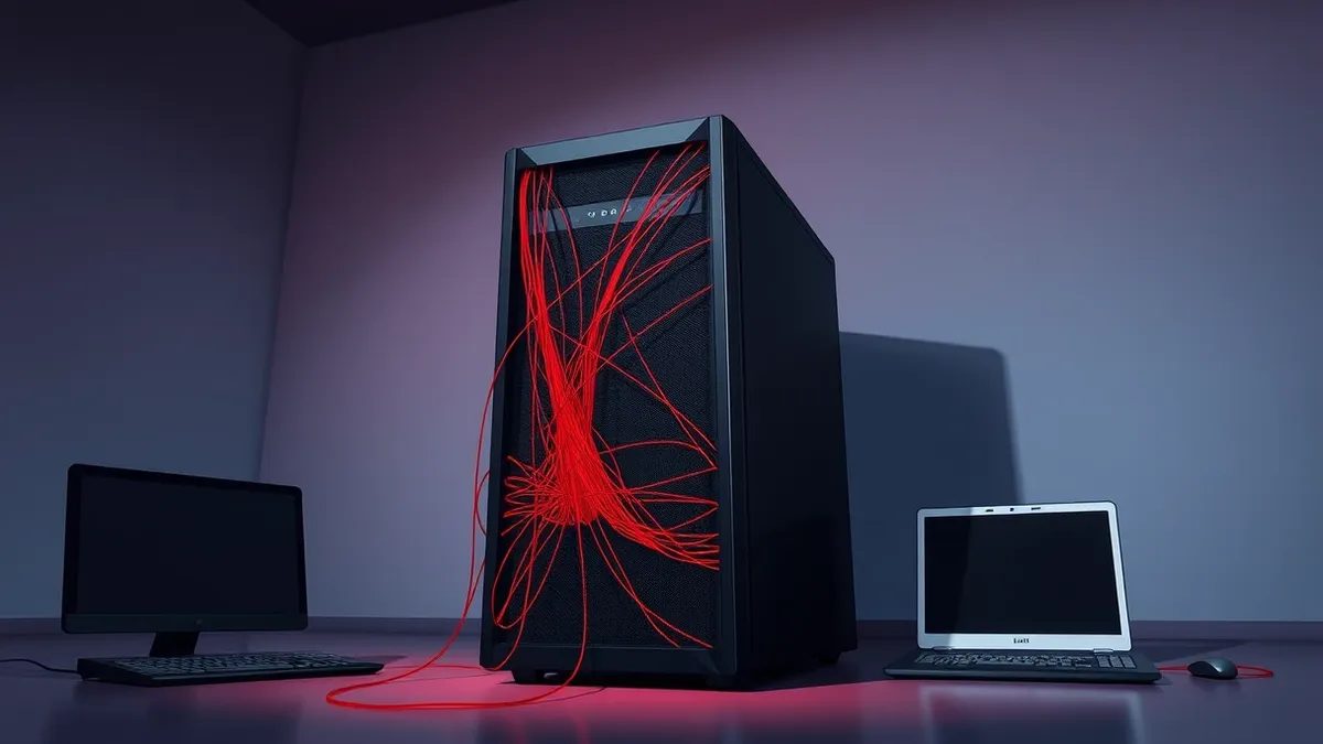 Illustration: A sleek black server tower sits in a dim room.