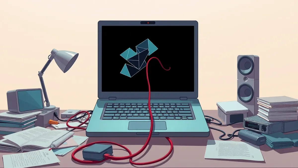 Illustration: An open laptop sits on a cluttered desk, its screen displaying abstract geometric shapes that suggest complex data structures.