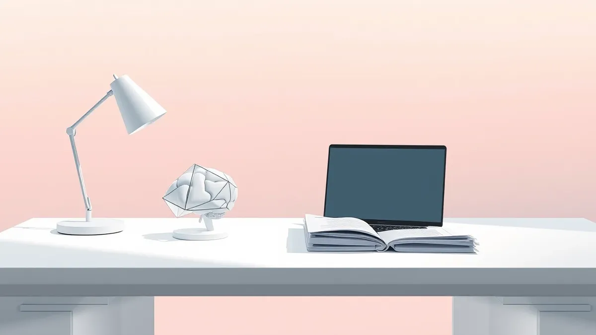 Illustration: A sleek white office desk holds an open laptop and a stack of neatly arranged architectural blueprints.