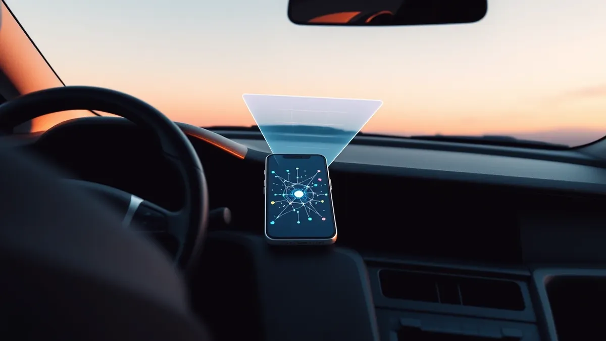 Illustration: A sleek smartphone rests on a car dashboard, its screen displaying abstract neural network nodes.