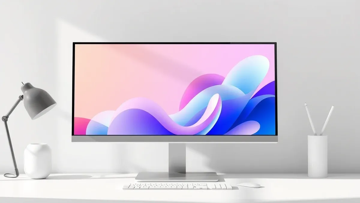 Illustration: A sleek desktop monitor displays a vibrant, abstract wallpaper featuring soft gradients and organic shapes inspired by the Bloom design aesthetic.