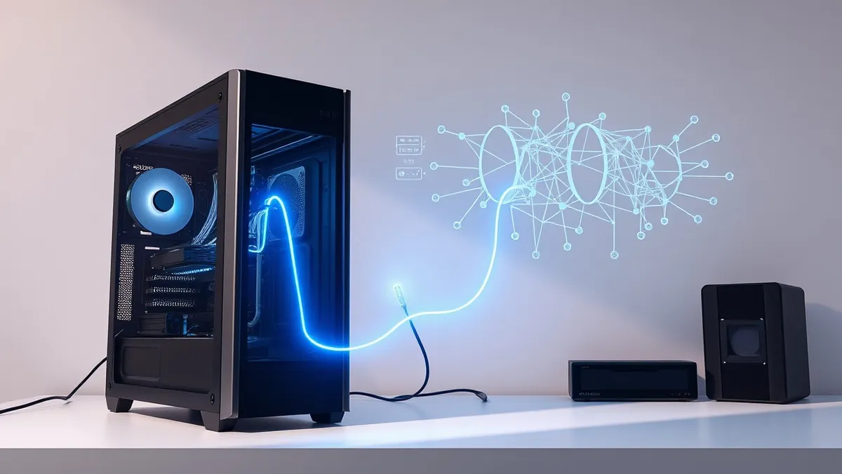 Illustration: A sleek black desktop tower sits on a minimalist white desk, its side panel removed to reveal glowing internal circuitry.