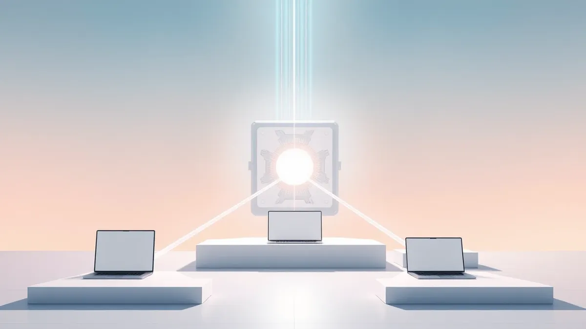 Illustration: A large central processing core pulses with soft light, sending streams of energy outward to three distinct geometric platforms arranged in a triangle.
