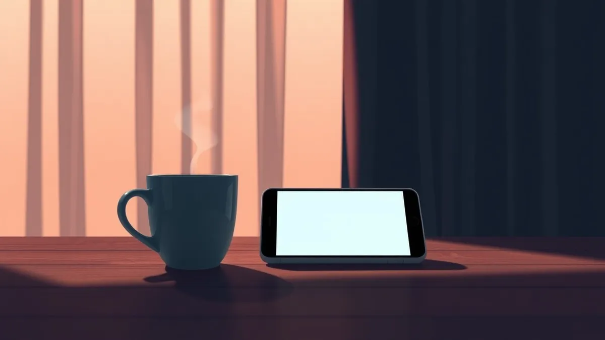 Illustration: A sleek smartphone rests on a wooden table beside a steaming coffee cup.