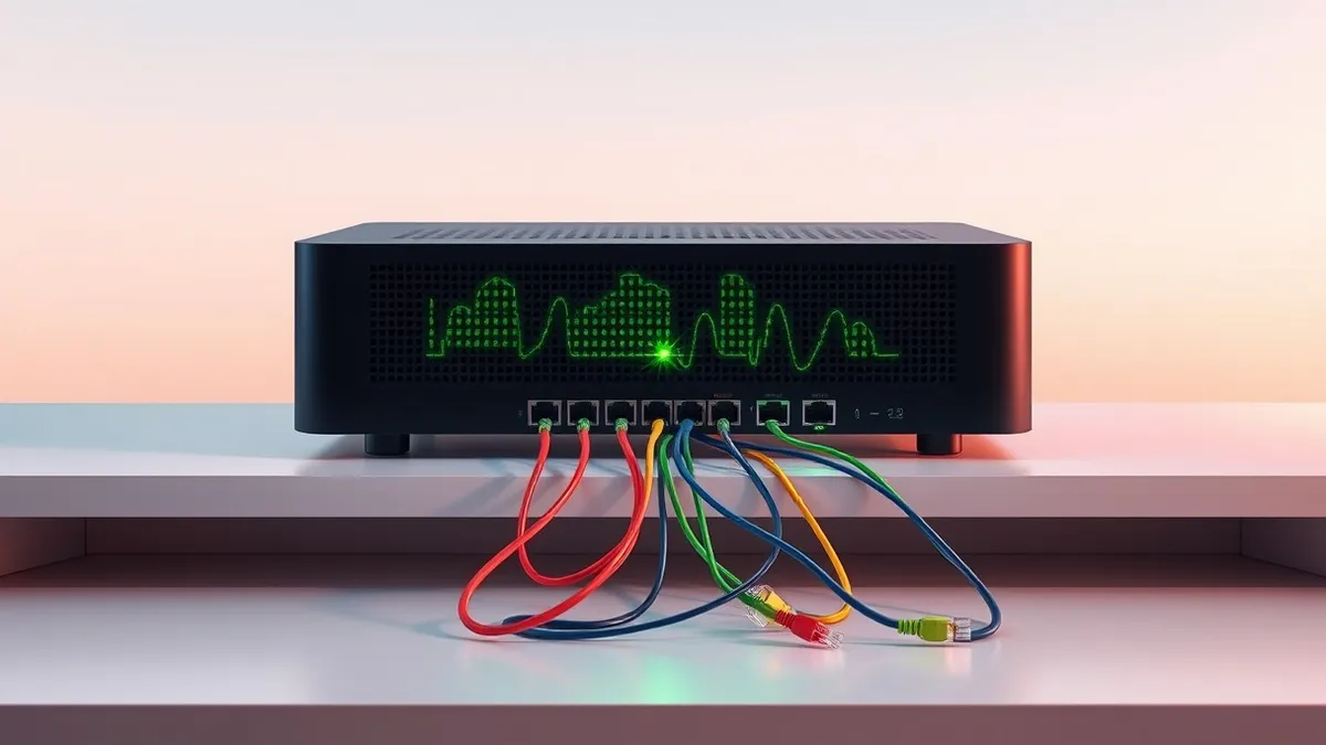 Illustration: A sleek black network router sits on a plain white desk, its front panel featuring a grid of blinking green LED lights.