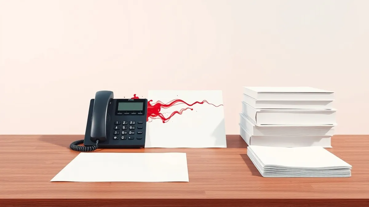 Illustration: A sleek office telephone sits on a polished wooden desk next to a stack of blank legal folders.