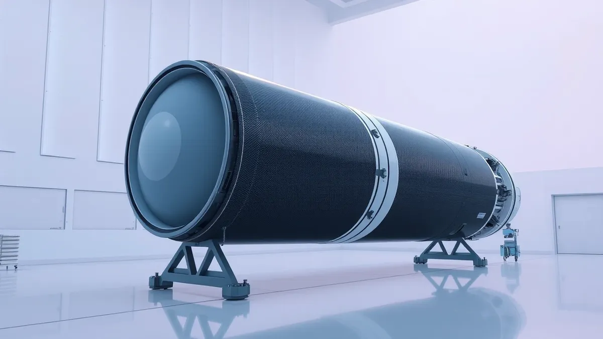 Illustration: A large cylindrical rocket fuselage section rests horizontally on support stands in a clean room.