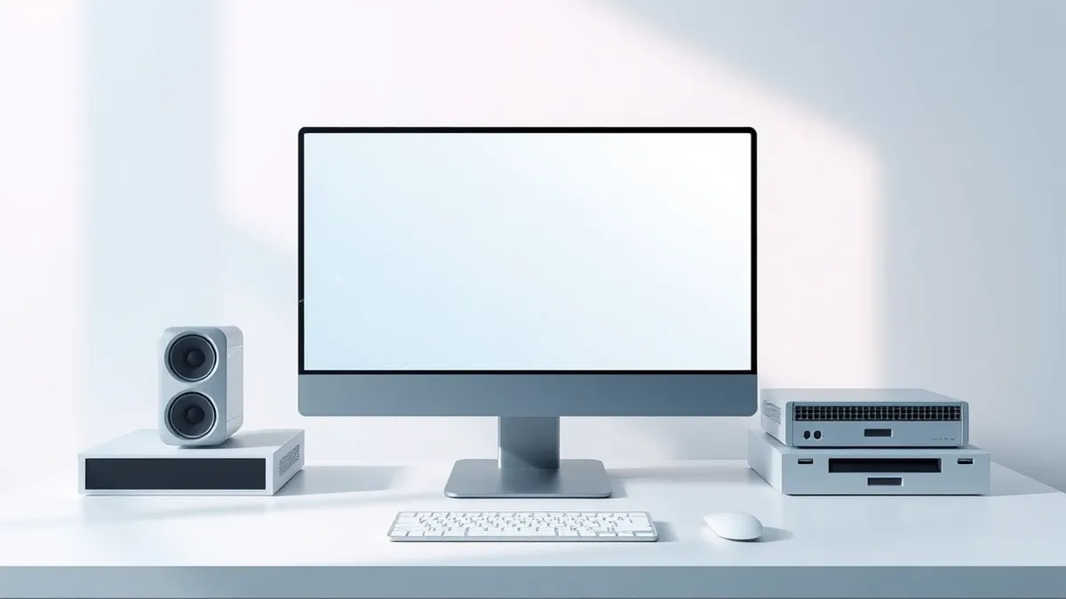 Illustration: A sleek network firewall sits on a clean white desk, its front panel displaying a blank, abstract web interface window.