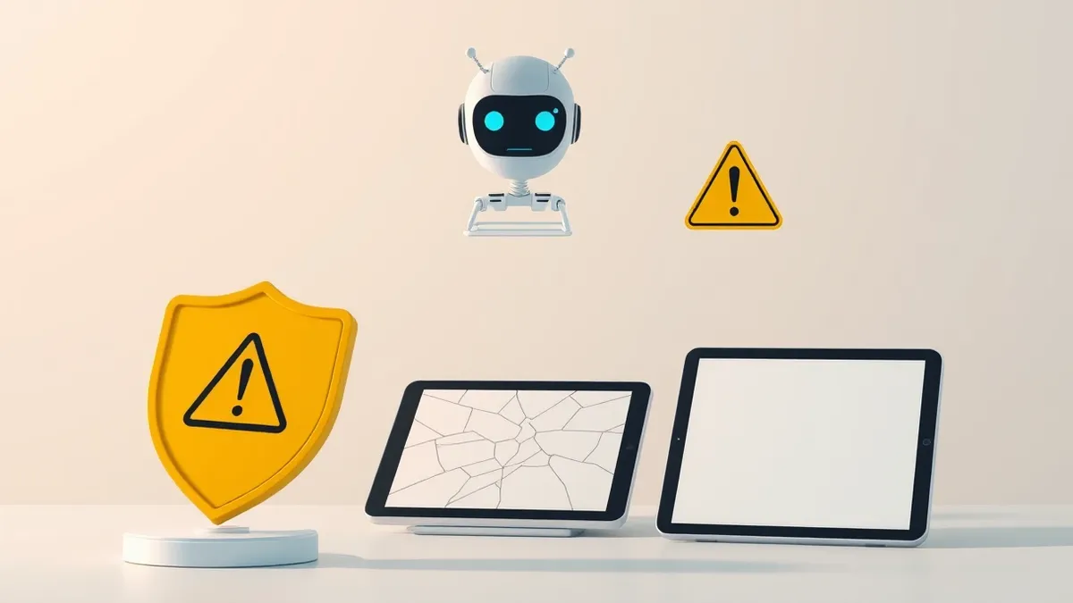 Illustration: A sleek artificial intelligence chatbot interface floats above a cracked tablet screen, with a protective yellow warning shield hovering nearby to symbolize the legal