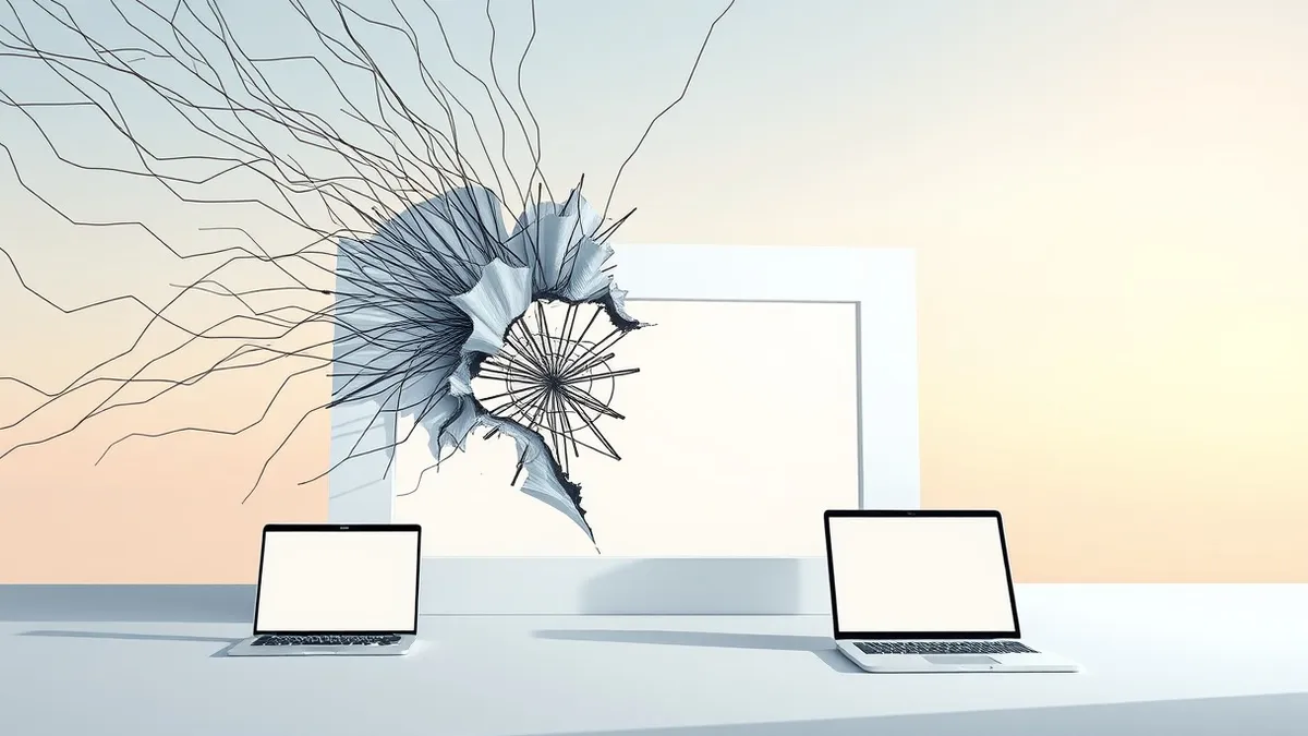 Illustration: A tangled web of sharp, jagged code lines pierces through a clean white storefront interface.