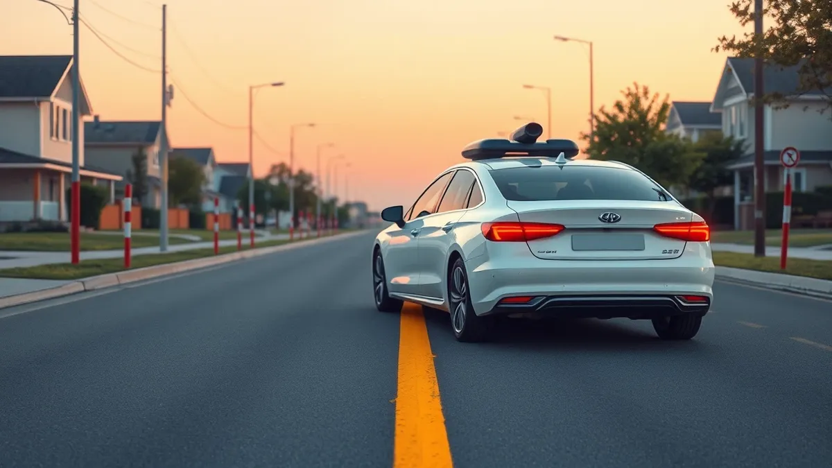 Illustration: A white autonomous sedan slows down on a quiet suburban street marked by faded yellow lines, with no driver behind the wheel.